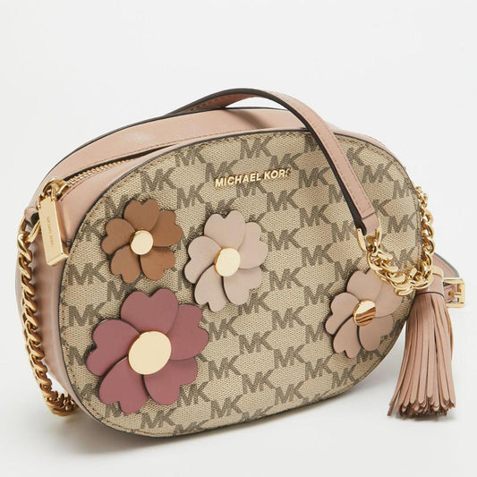 Michael Kors Old Rose/beige Signature Coated Canvas And Leather Floral Applique Ginny Crossbody Bag