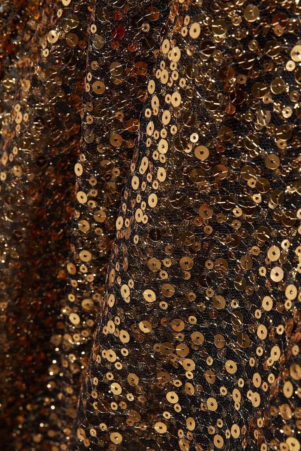 Off The Shoulder Long Sleeve Ombré Sequin Gown In Gold