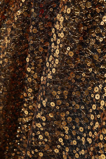 Off The Shoulder Long Sleeve Ombré Sequin Gown In Gold