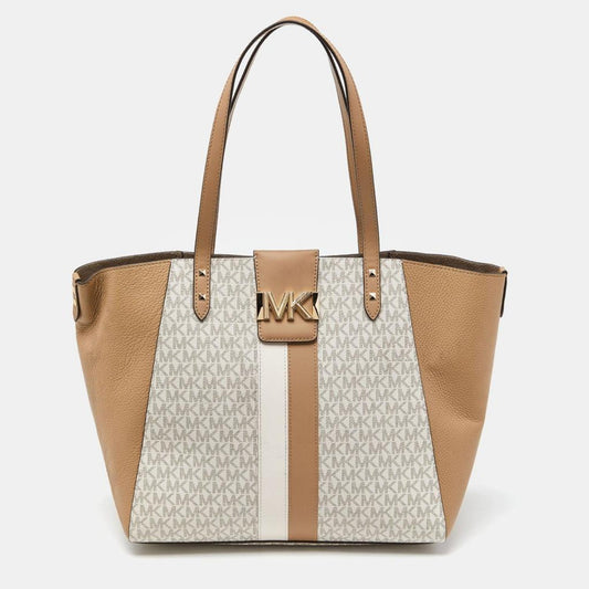 Michael Kors Vanilla/tan Siganture Coated Canvas And Leather Karlie Tote