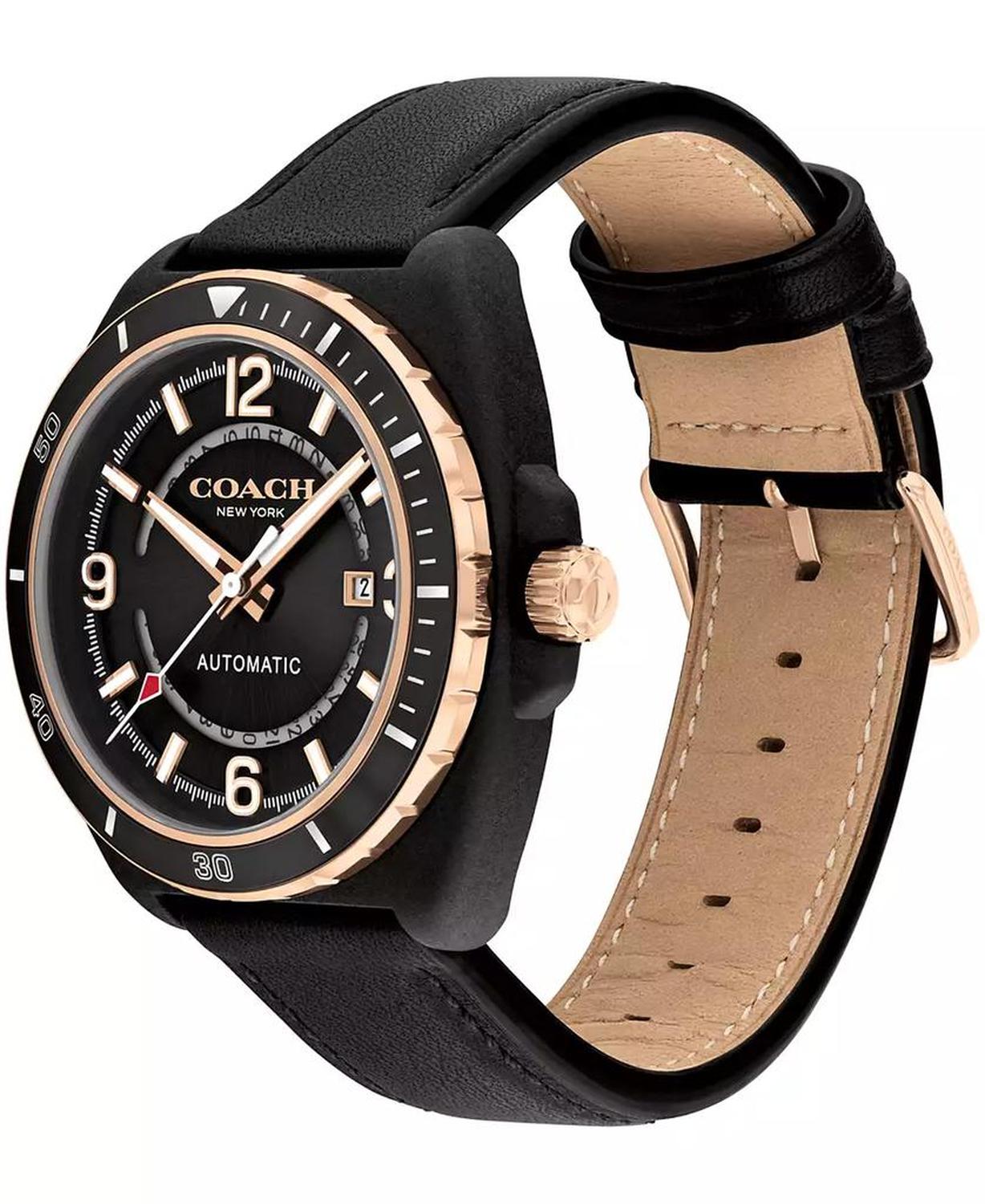 Men's Charter Automatic Black Leather Strap Watch, 44.5mm