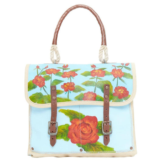 WWII hand painted rose print leather satchel tote bag