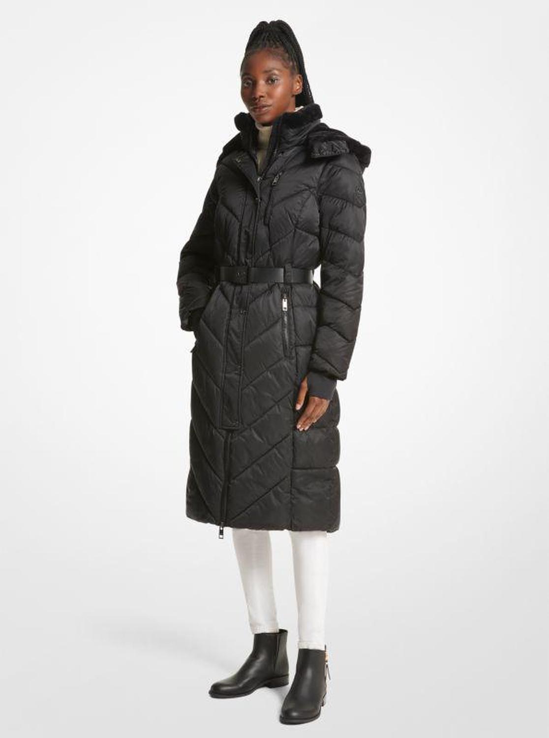 Faux Fur Trim Belted Puffer Coat