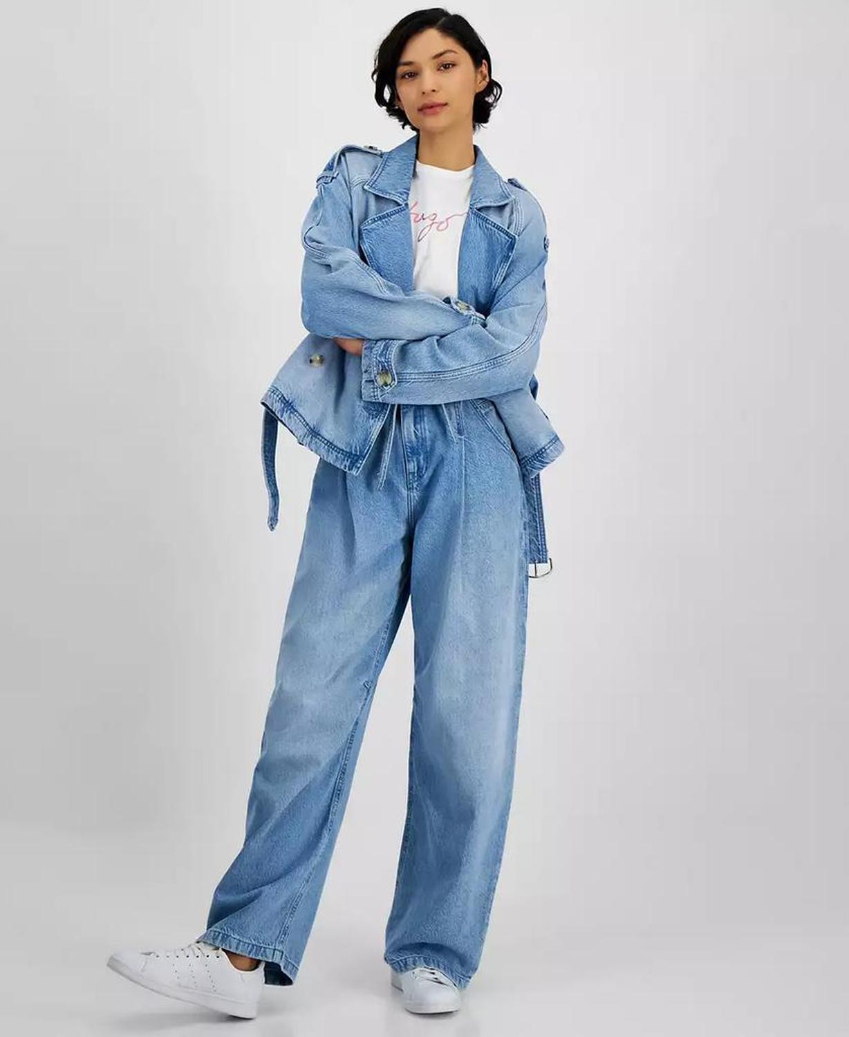 Women's Oversized-Collar Belted Jean Jacket