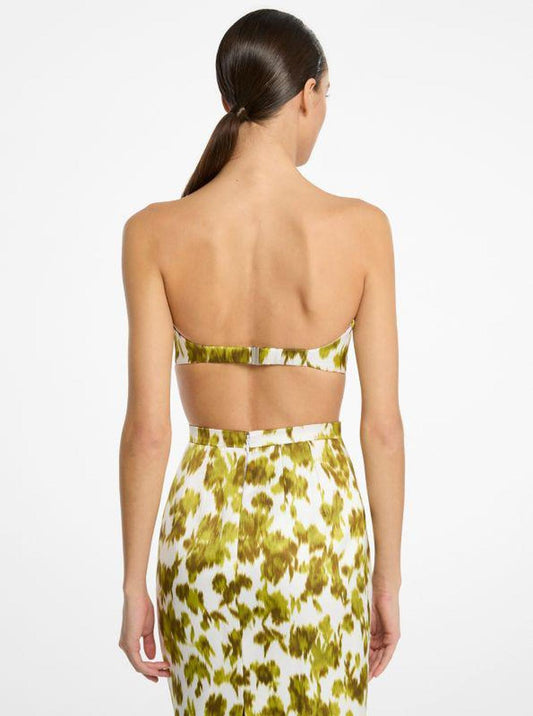 Floral Chiné Satin Duchesse Bandeau Top