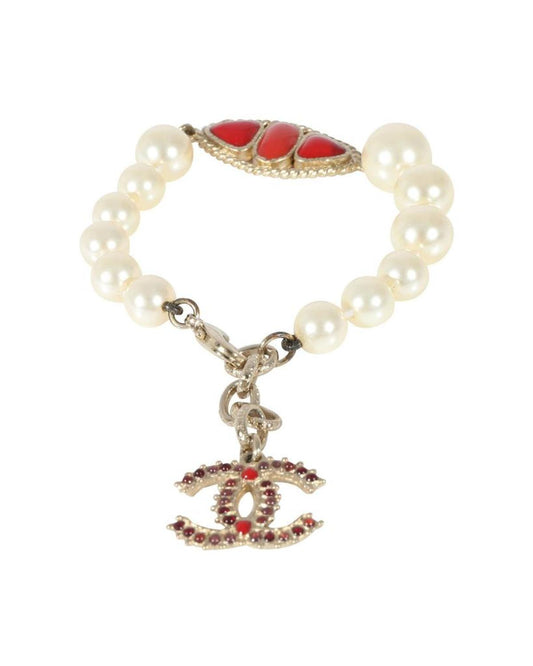 Chanel Faux Pearl & Red Gripoix CC Bracelet