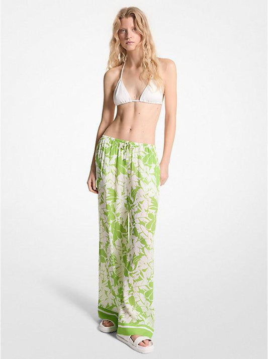 Palm Print Woven Wide-Leg Pants