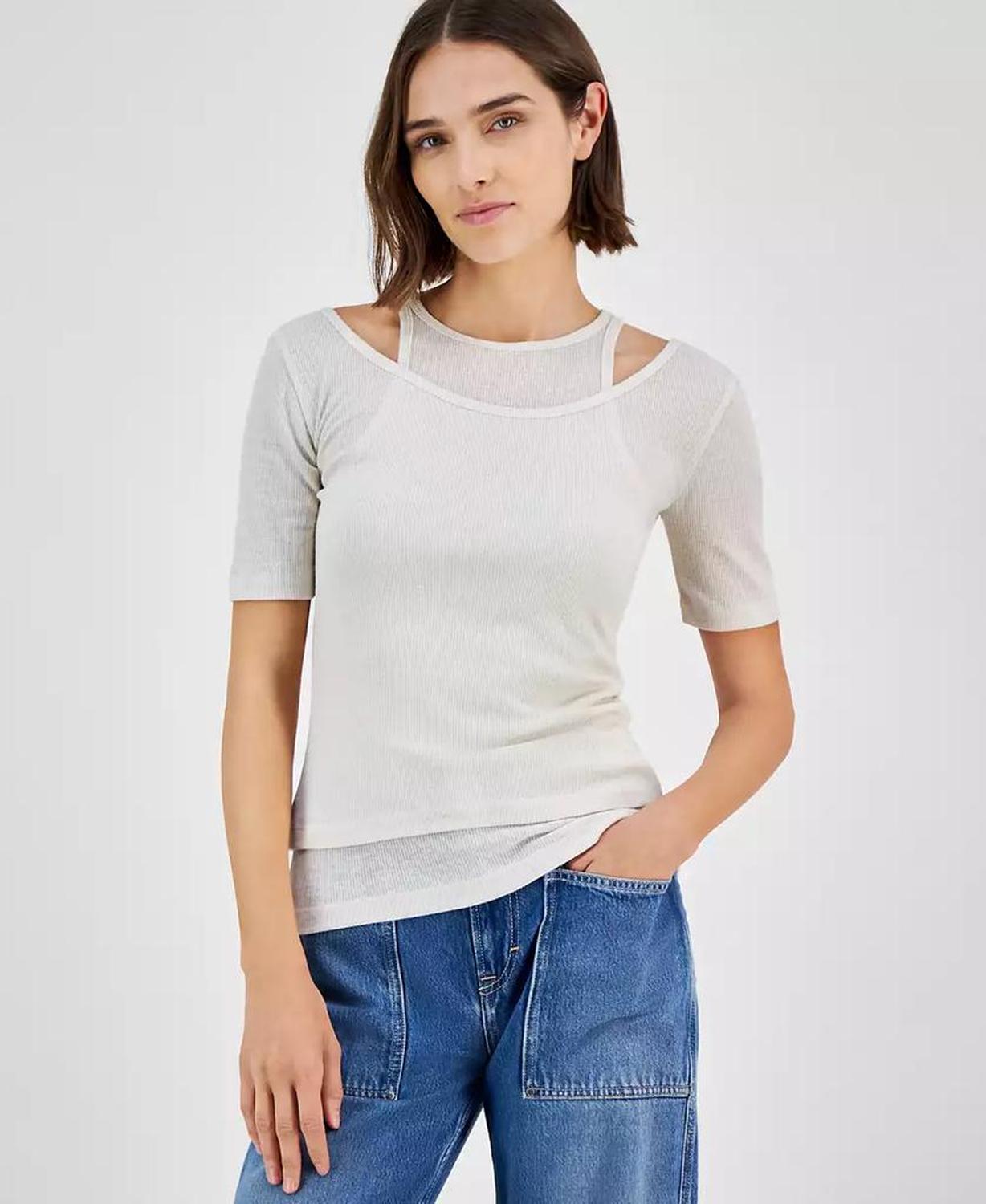 Women's Slim Ribbed Layered-Look Short-Sleeve Top