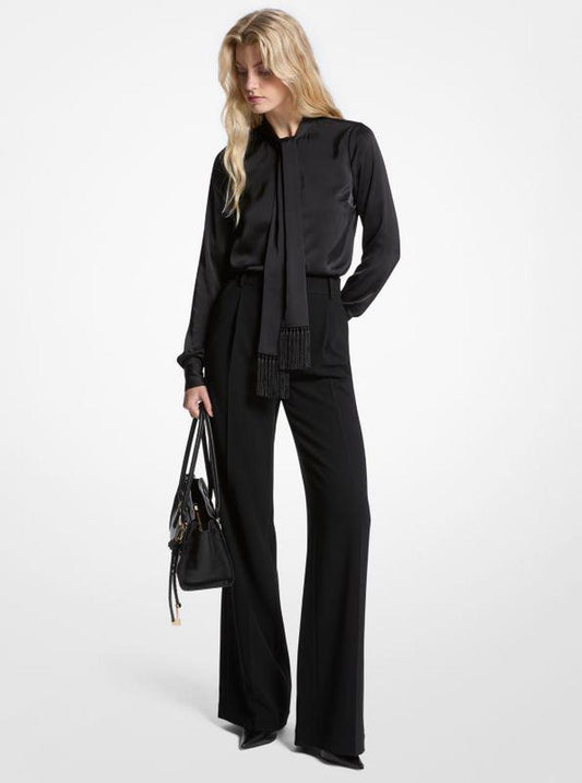 Satin Fringed Tie-Neck Blouse