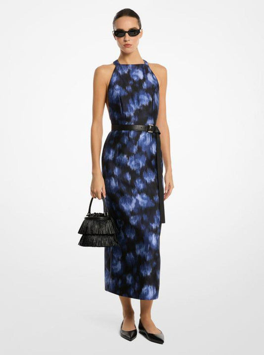 Floral Chiné Silk and Wool Shantung Halter Dress