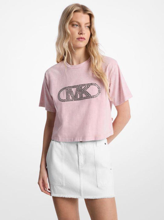 Studded Garment-Dyed Cotton Cropped T-Shirt