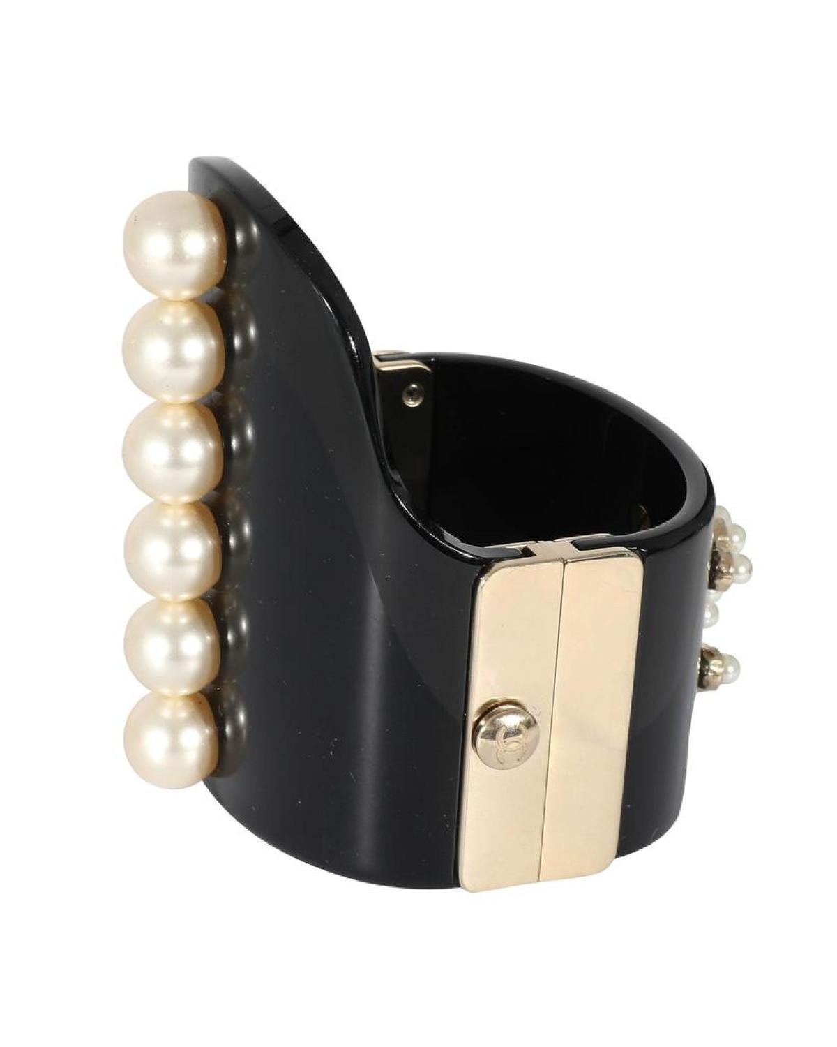 Chanel 2015 Gold Tone Resin Hinged Bangle Bracelet With Faux Pearls