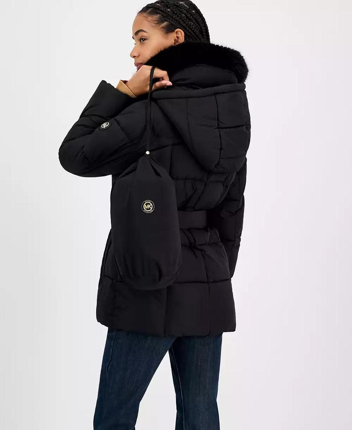 Women's Belted Hooded Faux-Fur-Collar Puffer Coat, Exclusively at Macy's