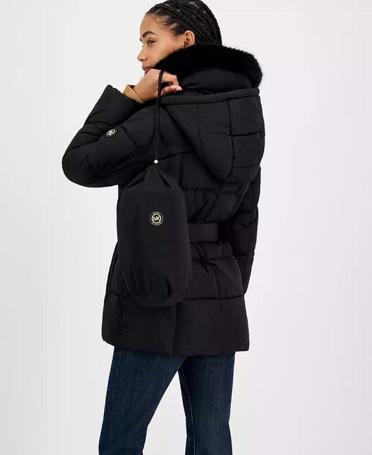 Women's Belted Hooded Faux-Fur-Collar Puffer Coat, Exclusively at Macy's