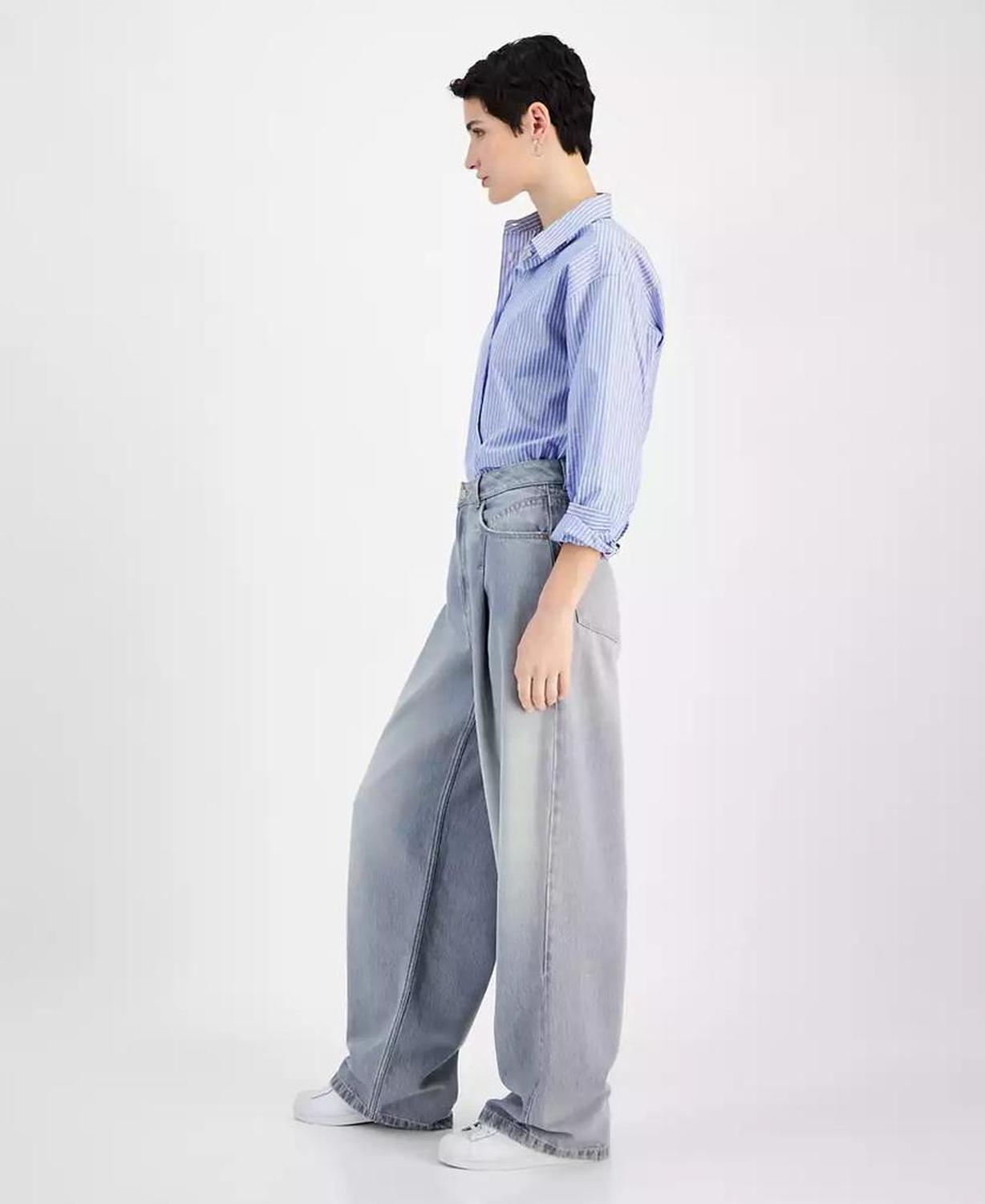 Women's Slouchy Denim Pleated Wide-Leg Pants