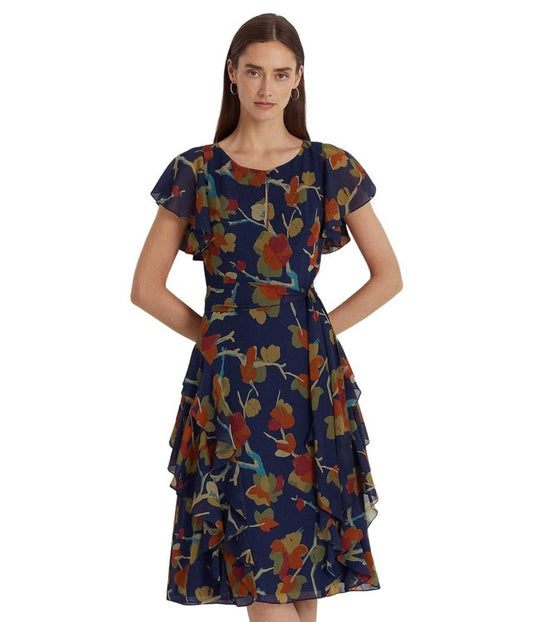 Floral Ruffle-Trim Georgette Dress