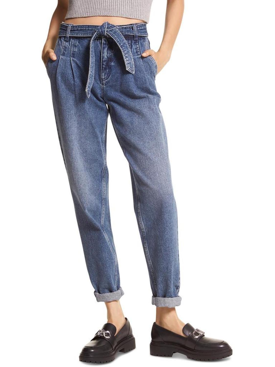 Womens High Rise Tie-Waist Straight Leg Jeans