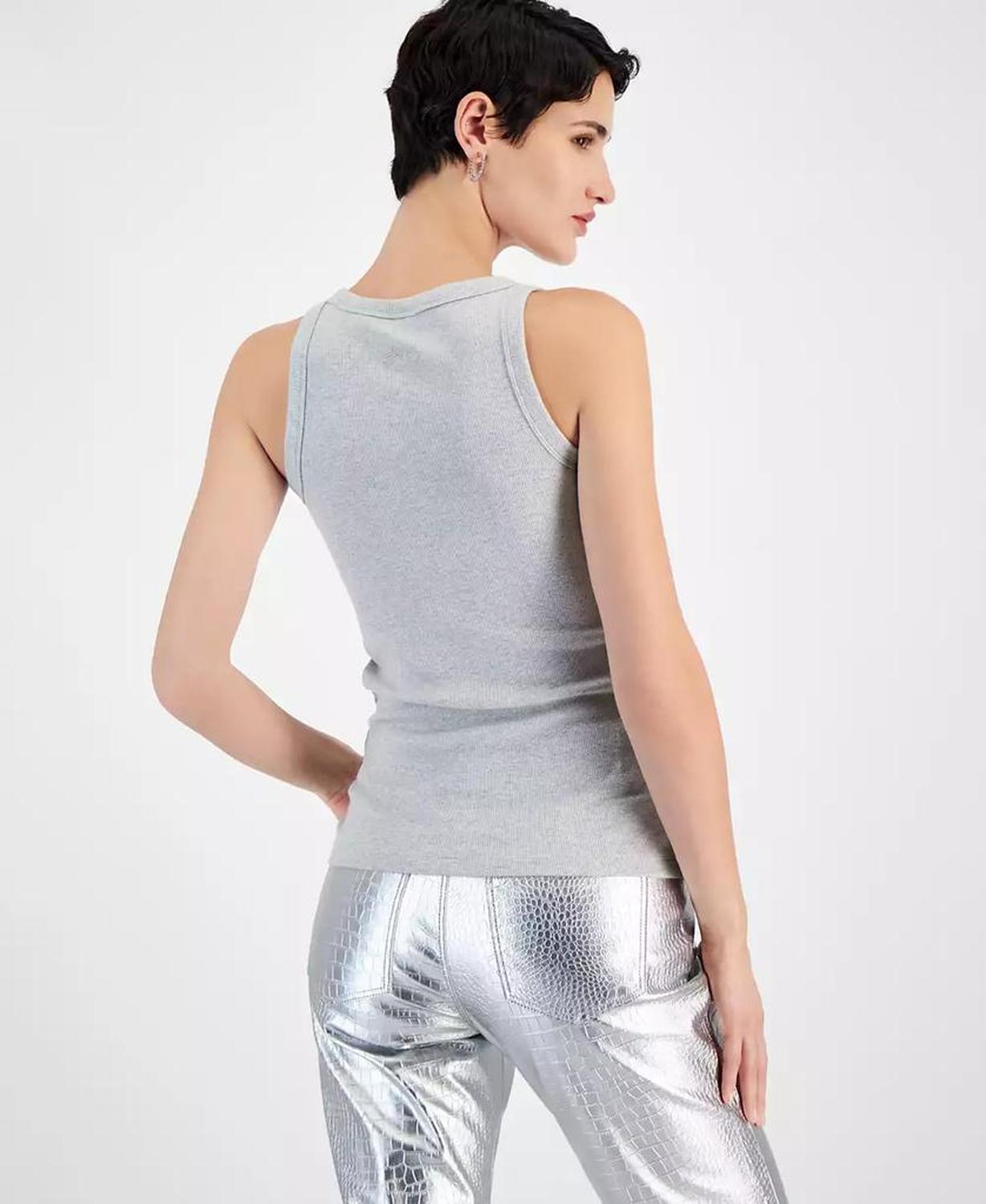 Women's Metallic Ribbed Round-Neck Tank Top