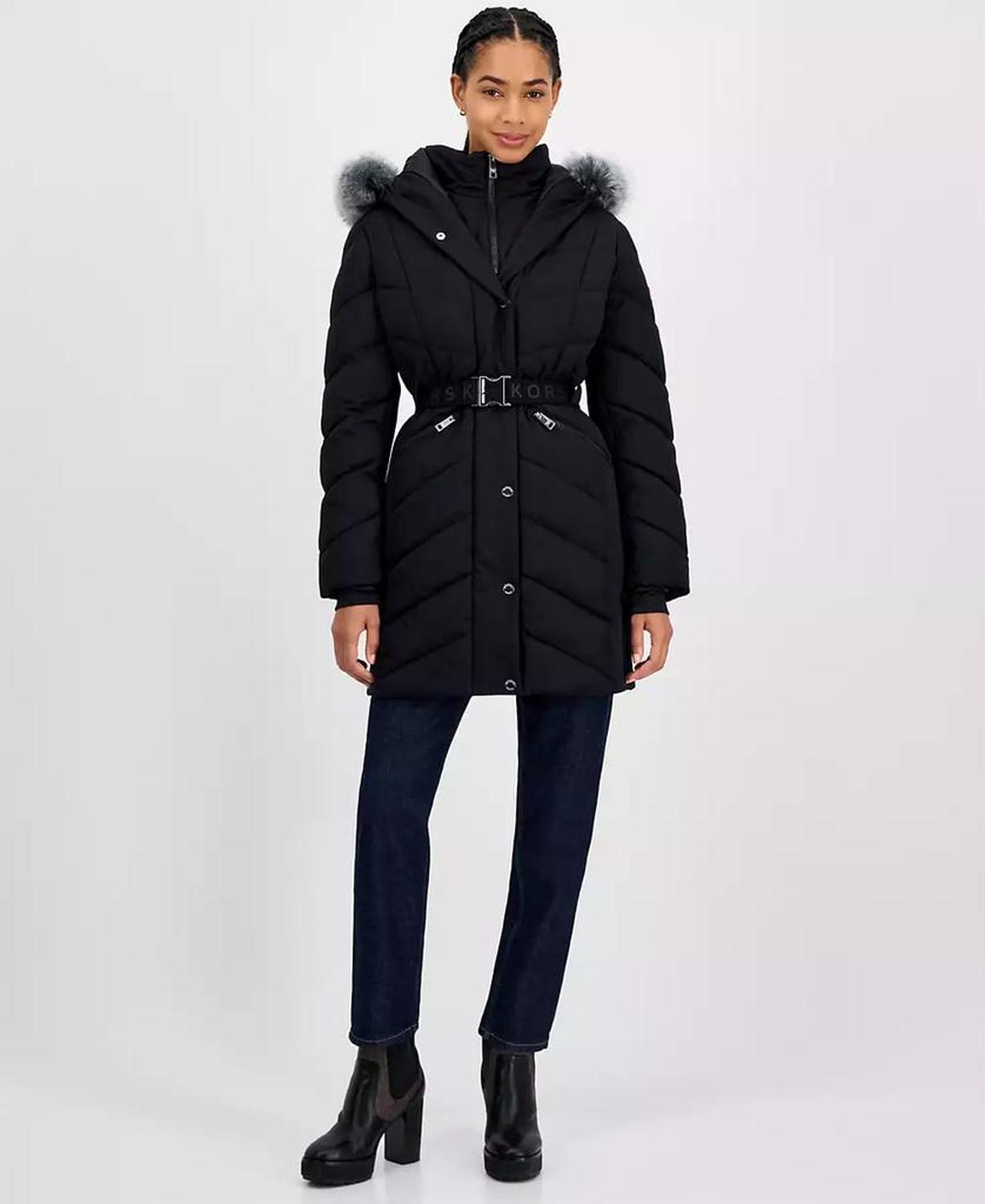 Women's Faux-Fur-Trim Hooded Belted Puffer Coat