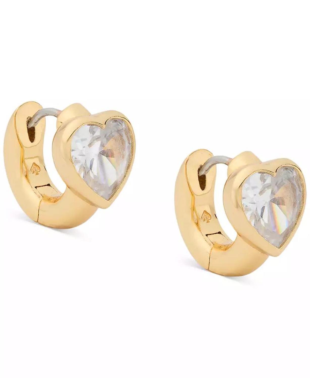 Gold-Tone Small Cubic Zirconia Heart Huggie Hoop Earrings, 0.51"