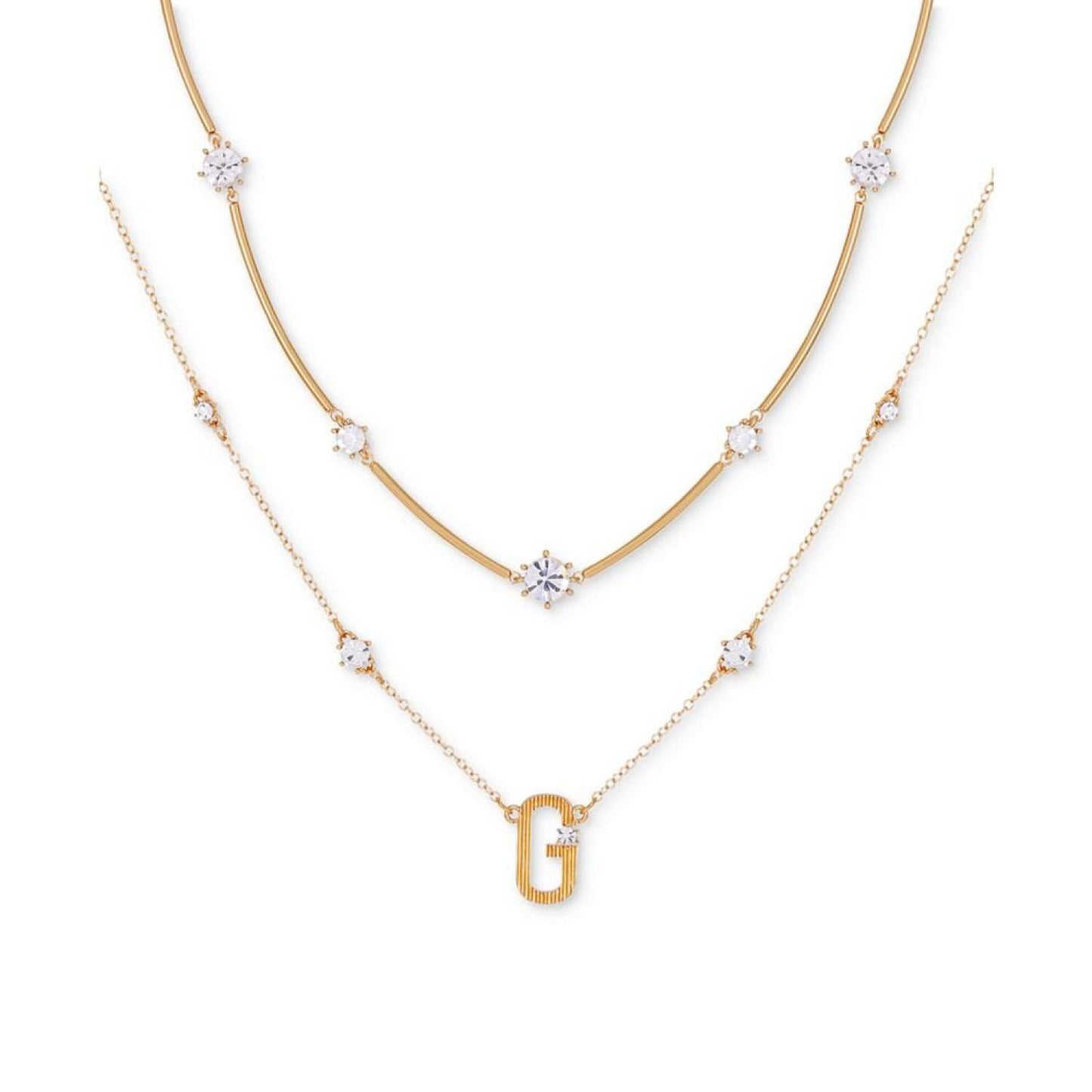 Gold-Tone Crystal & Textured Logo Layered Pendant Necklace, 16" + 2" extender