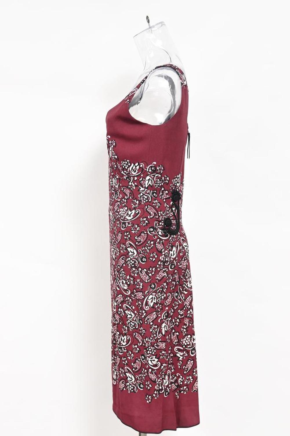 V-neck Printed Midi Dress in Red Rayon