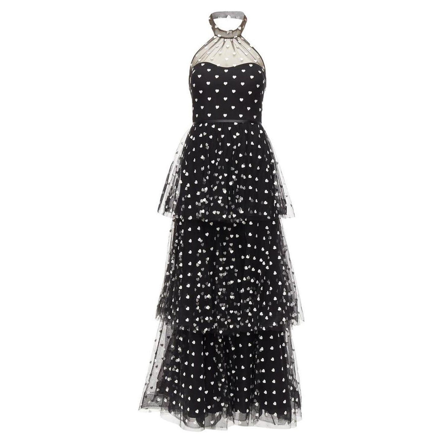 Notte Mesh Heart Embroidered Halter Neck Tiered Gown
