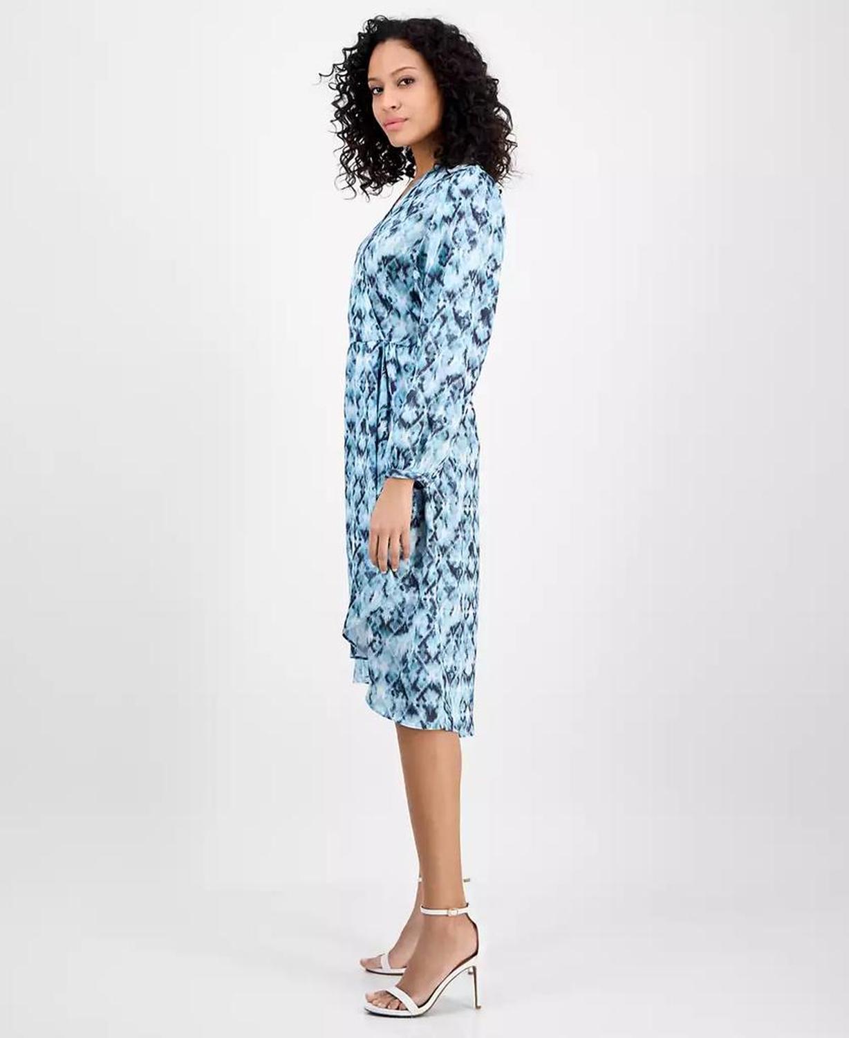 Women's Printed Blouson-Sleeve Midi Dress