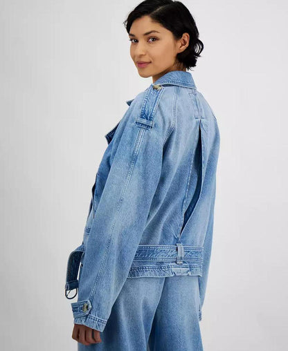 Women's Oversized-Collar Belted Jean Jacket