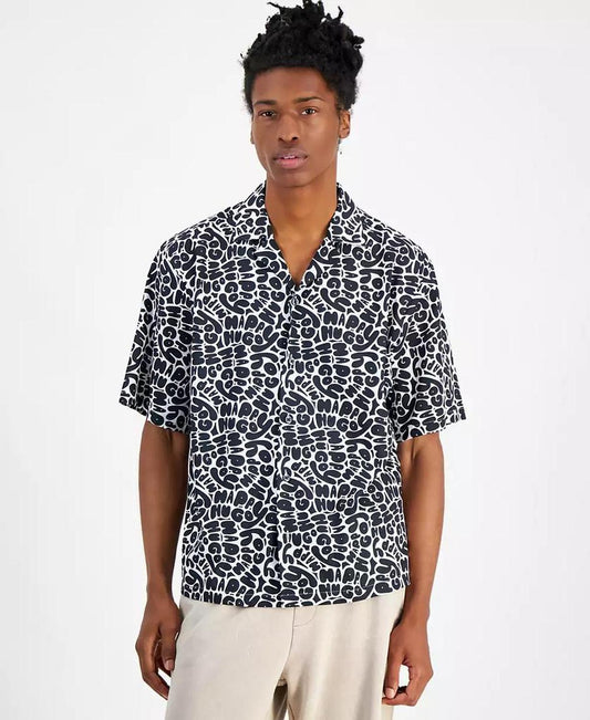 Men's Eligino Relaxed Fit Short Sleeve Button Front Logo Camp Shirt
