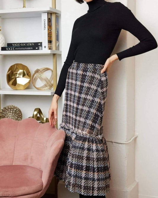 Kym Flounced Midi Skirt In Pink And Grey Plaid