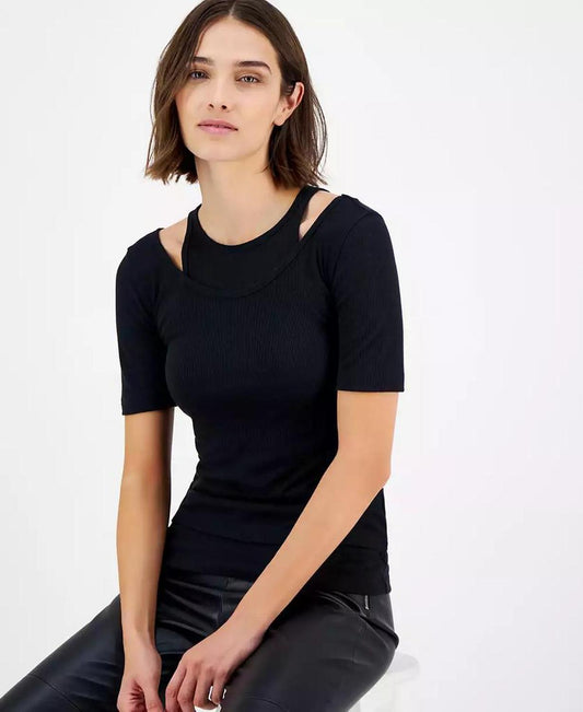 Women's Slim Ribbed Layered-Look Short-Sleeve Top