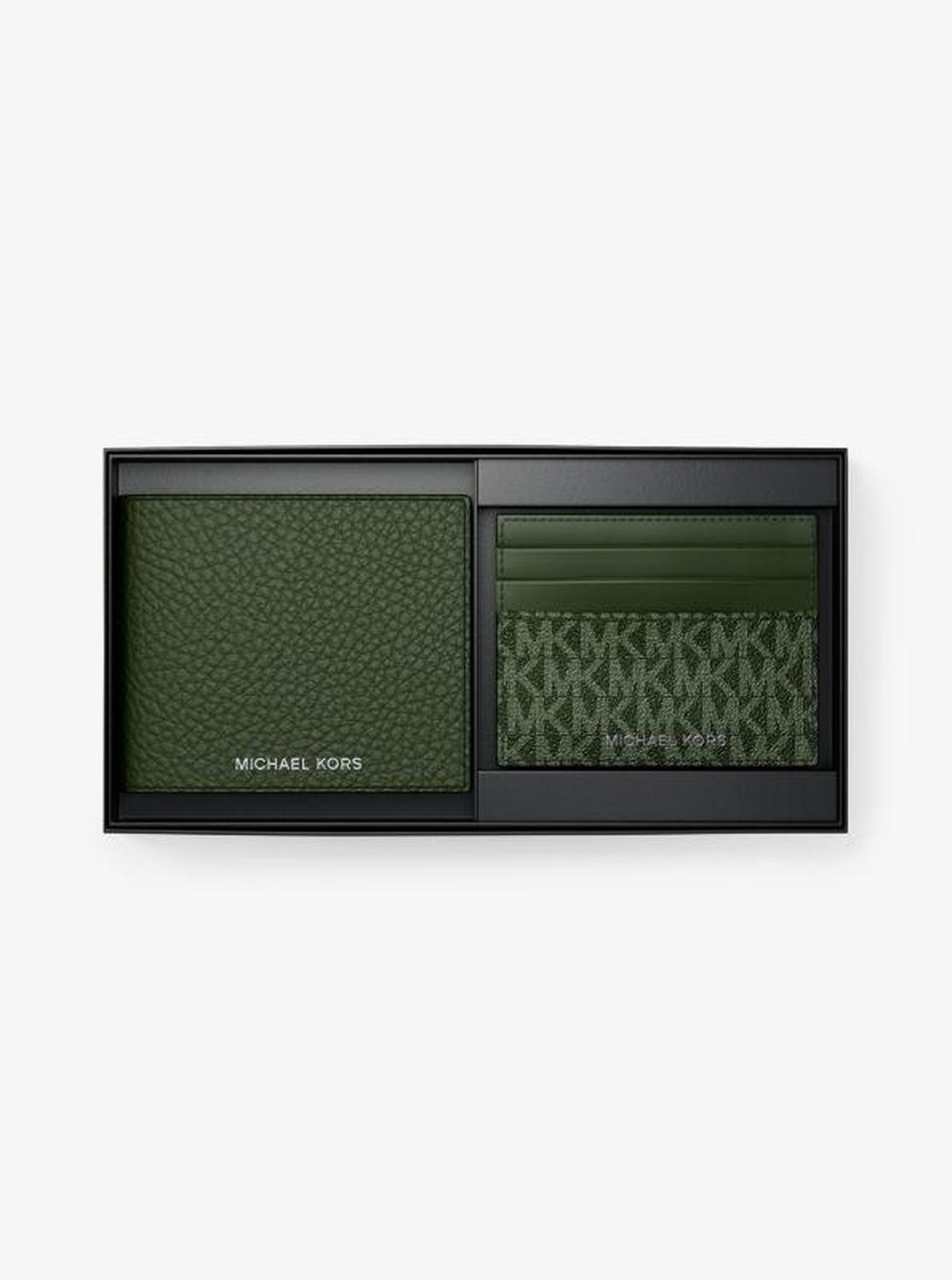 Pebbled Leather Billfold Wallet and Signature Logo Card Case Gift Set