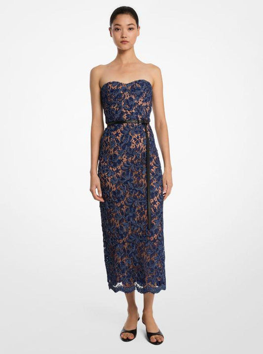 Denim Floral Soutache Lace Strapless Sheath Dress
