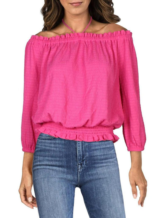 Womens Smocked Halter-Tie Cropped