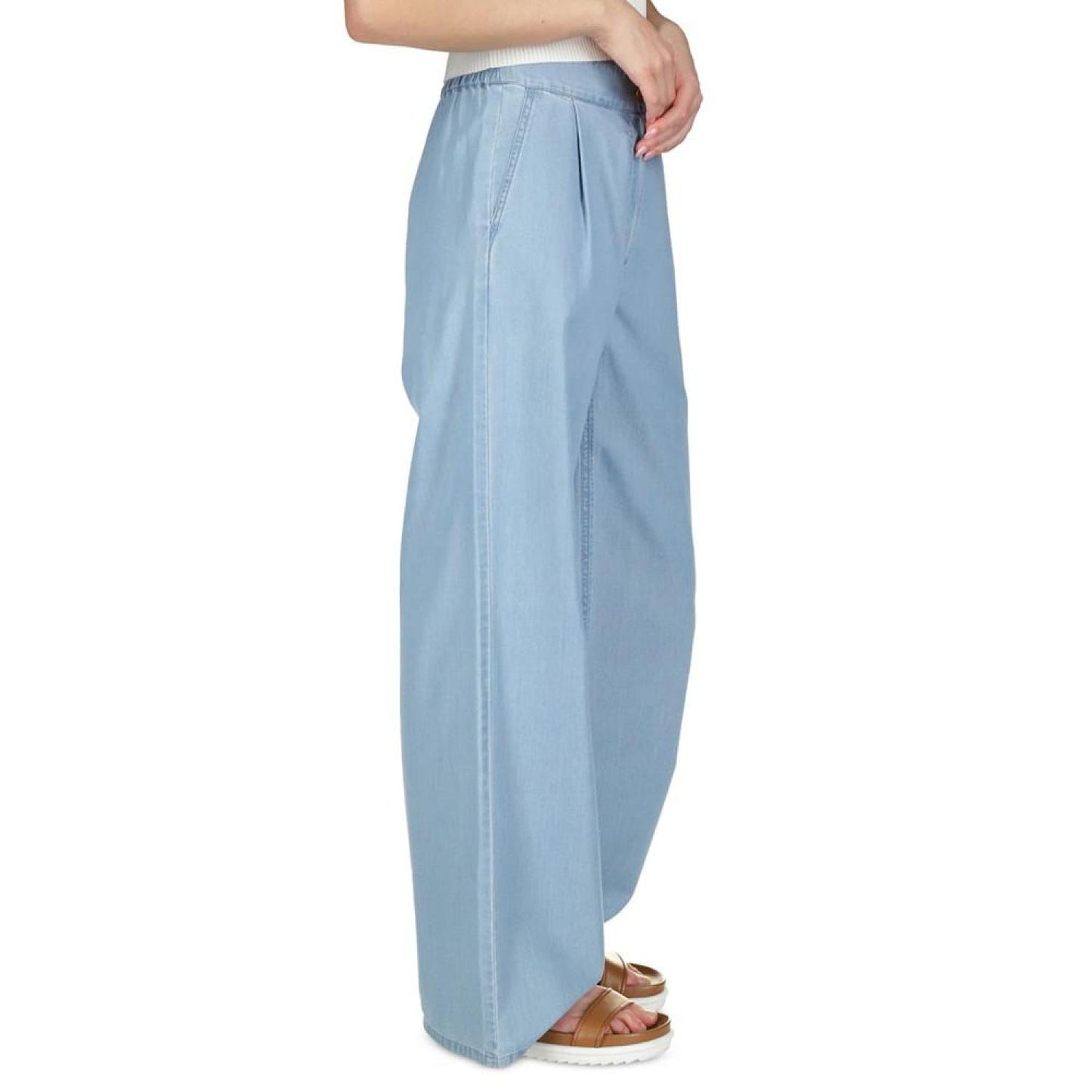 Petite Chambray Elastic-Back Wide-Leg Pull-On Pants