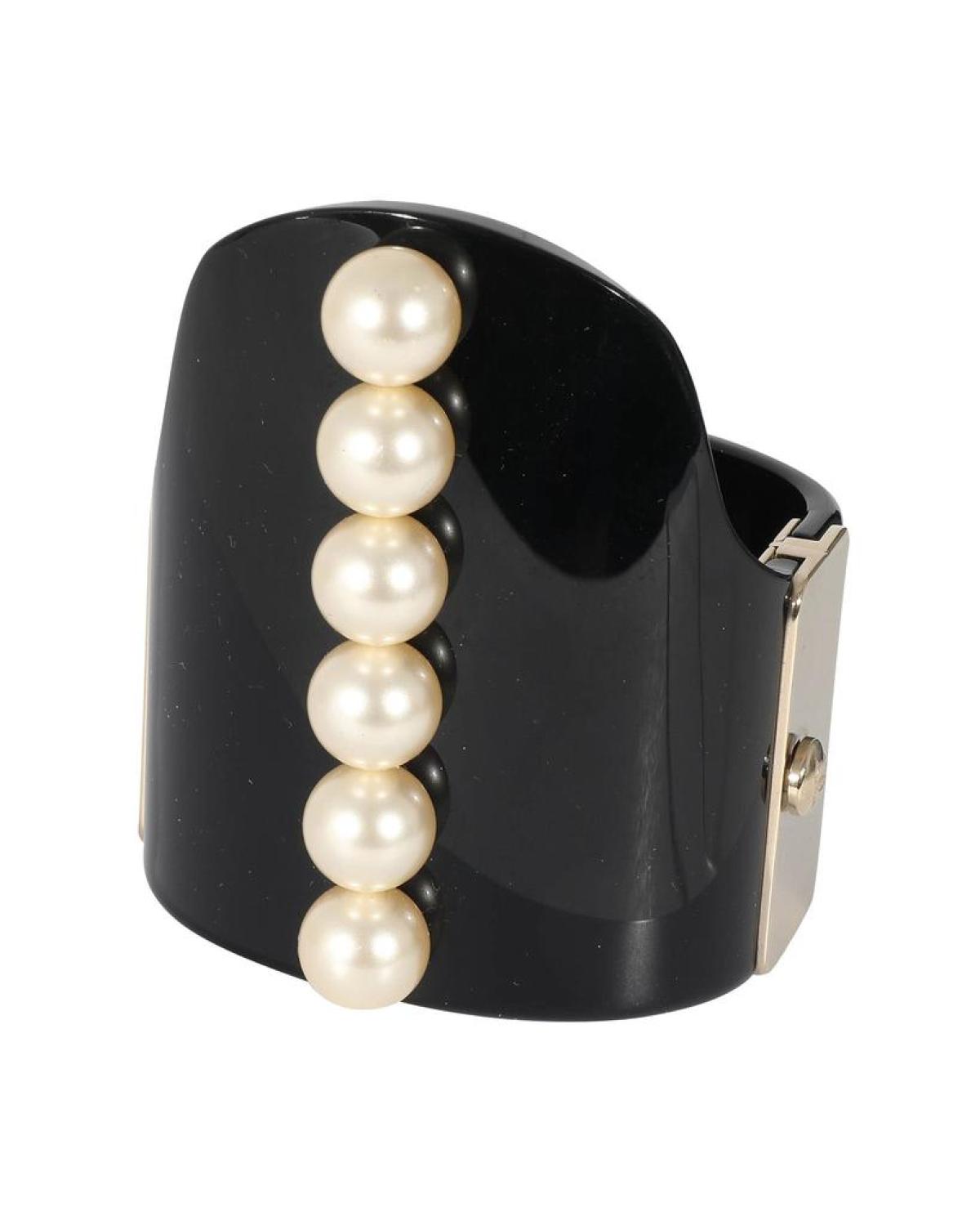 Chanel 2015 Gold Tone Resin Hinged Bangle Bracelet With Faux Pearls