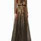 Off The Shoulder Long Sleeve Ombré Sequin Gown In Gold