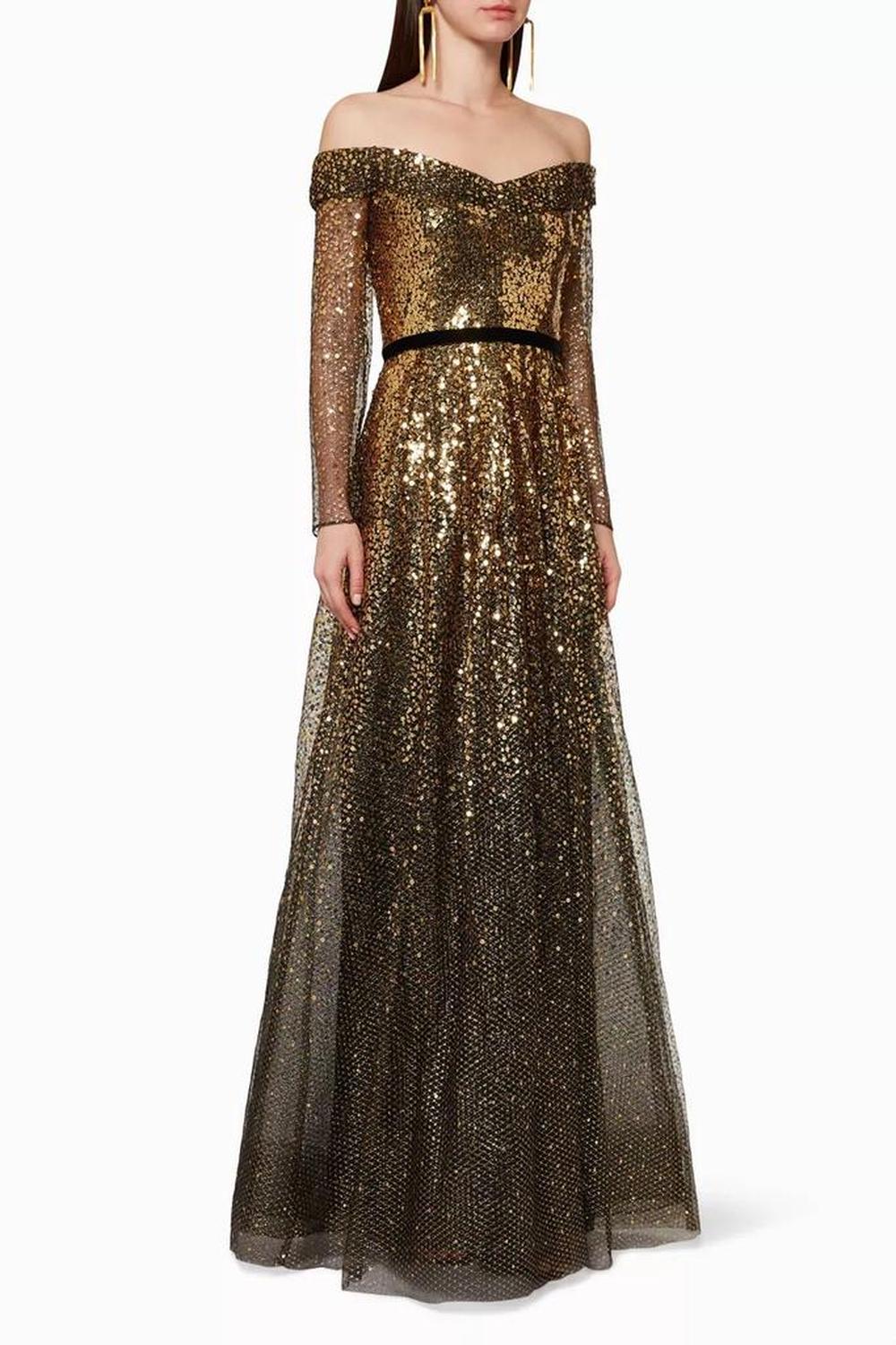 Off The Shoulder Long Sleeve Ombré Sequin Gown In Gold