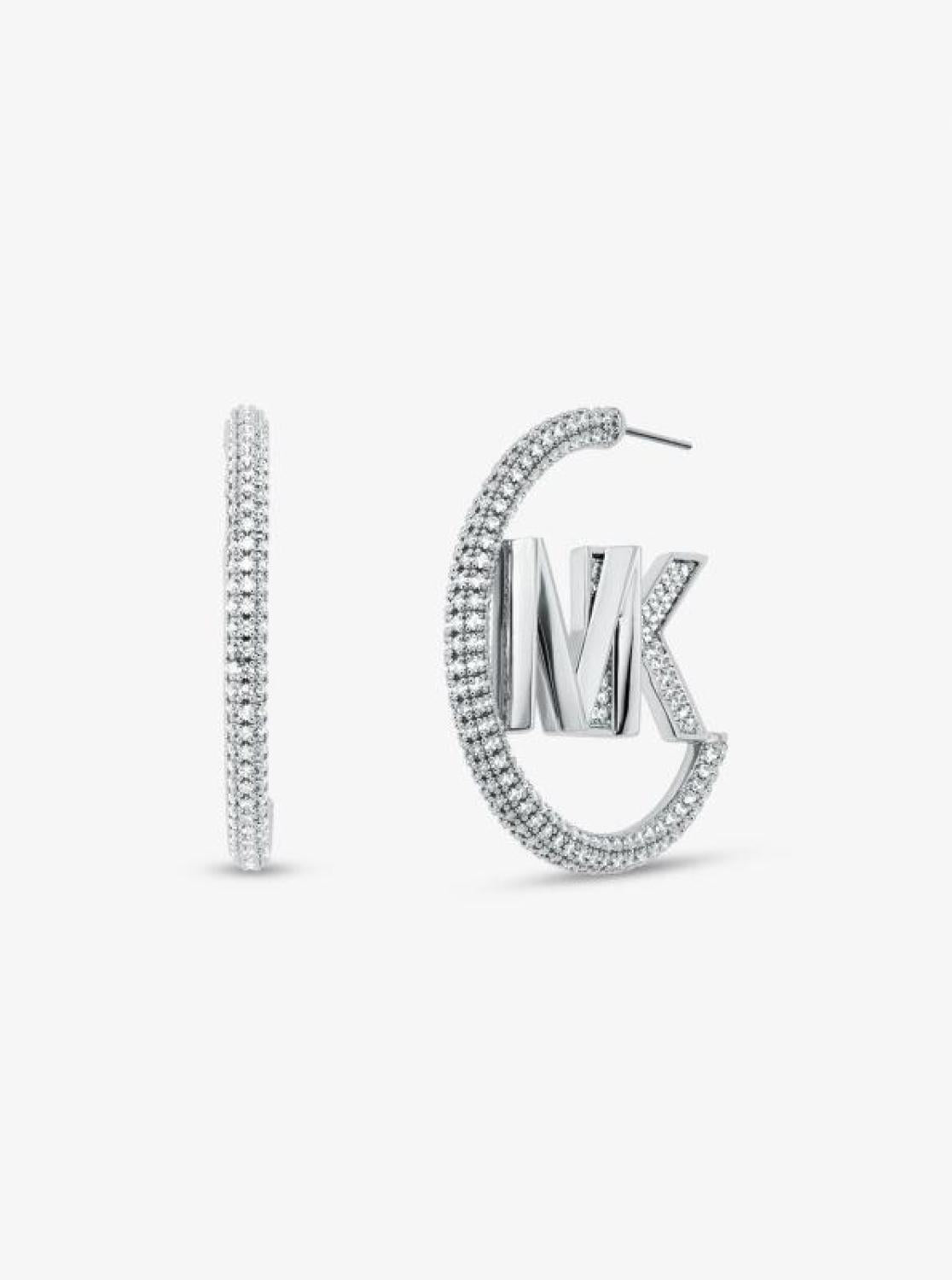 Precious Metal-Plated Brass Pavé Logo Hoop Earrings