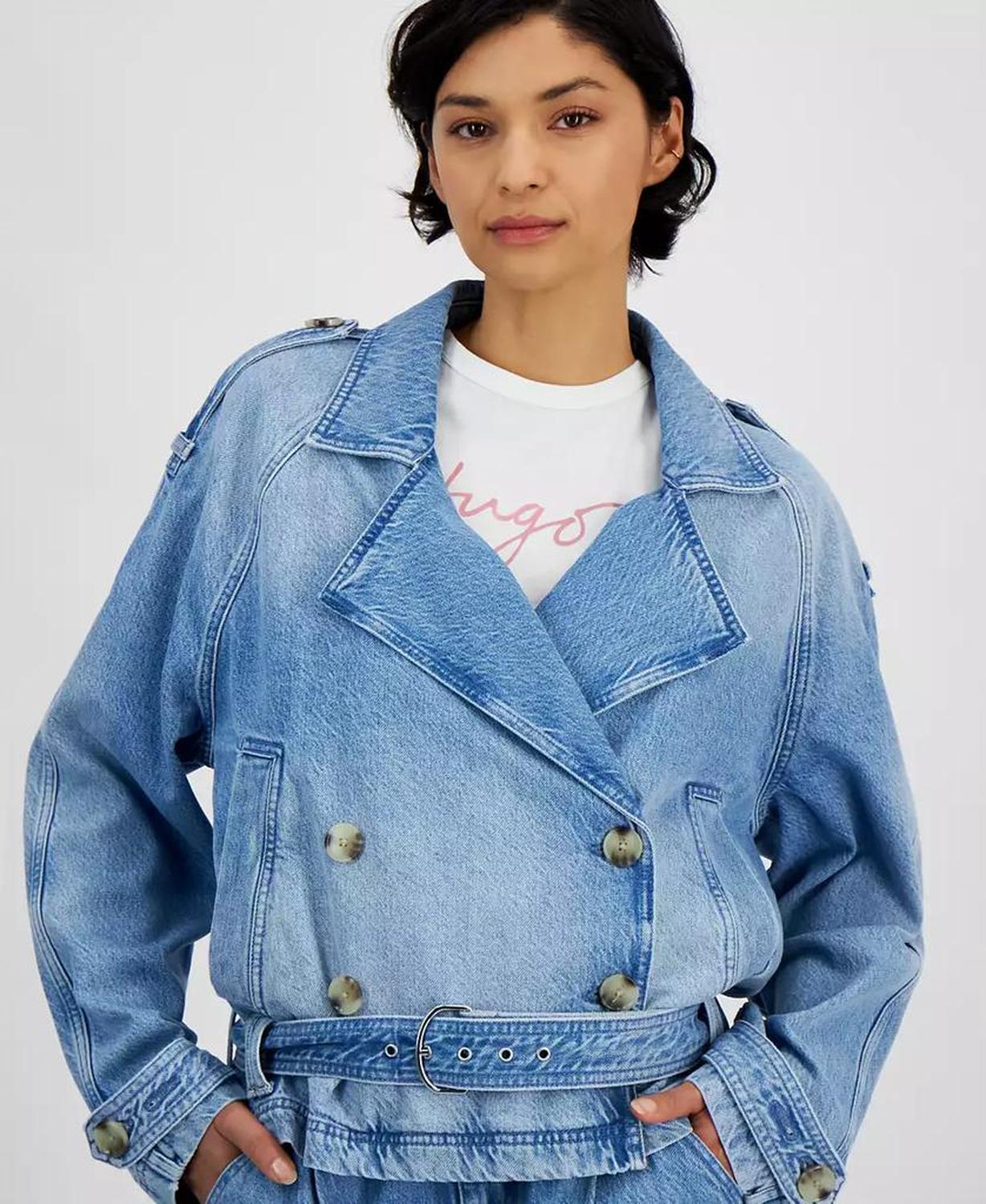 Women's Oversized-Collar Belted Jean Jacket