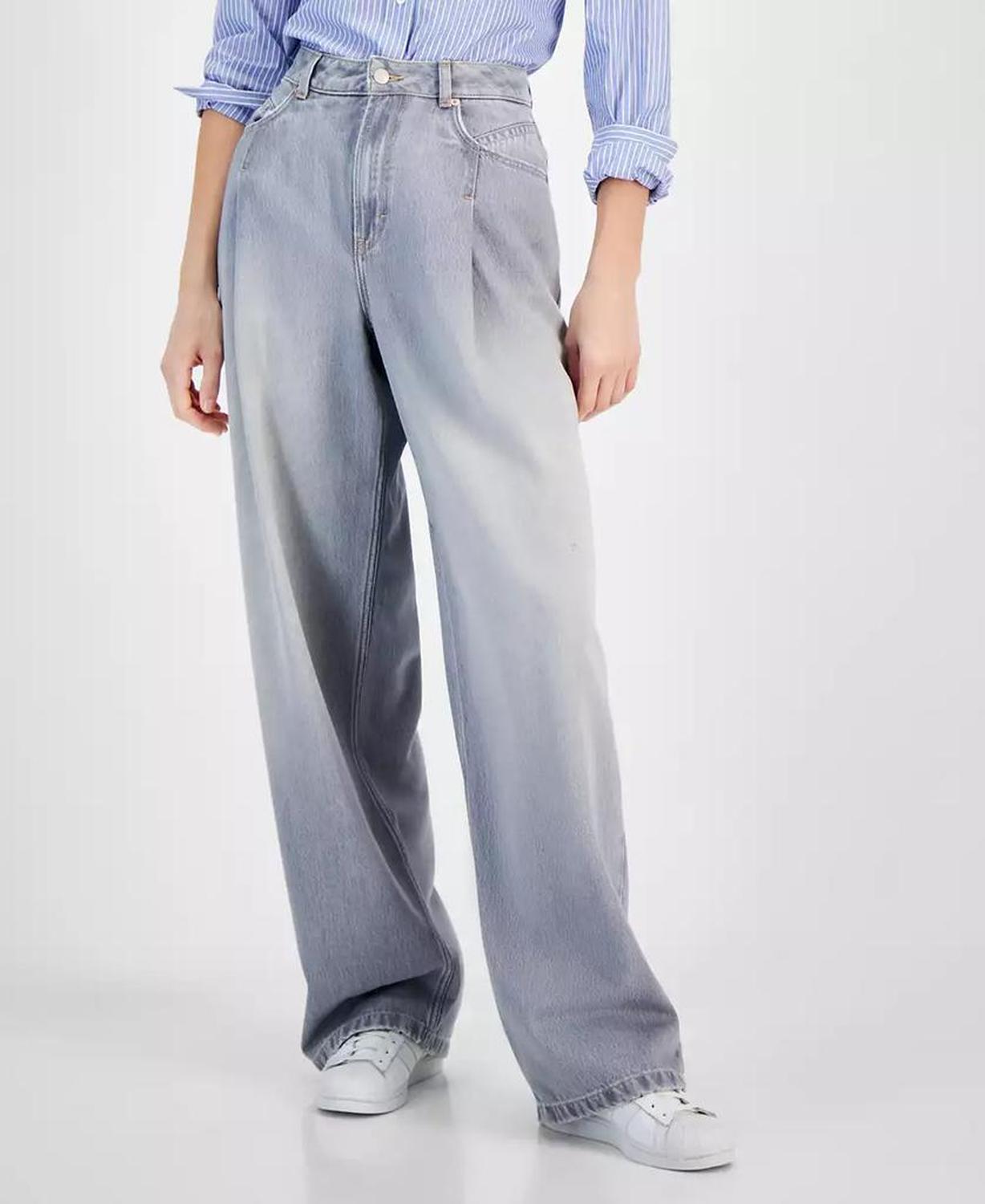 Women's Slouchy Denim Pleated Wide-Leg Pants