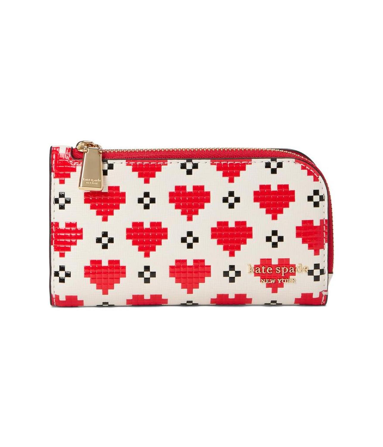 Devin Pixel Hearts Embossed Saffiano Leather Small Slim Bifold Wallet