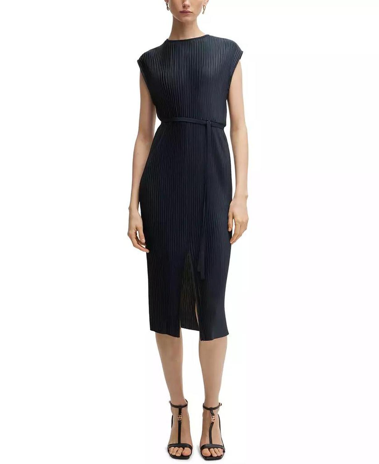 Women's High-Shine Plissé Belted Sleeveless Dress