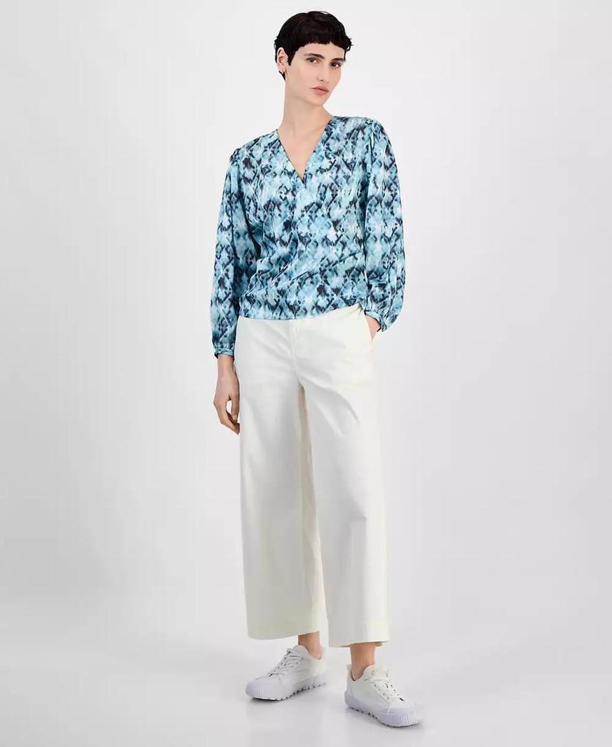 Women's Faux-Wrap Buttoned-Cuff Top
