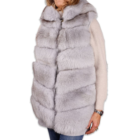 Made in Italy Sleeveless Luxury Wool Coat with Fox Fur Trim