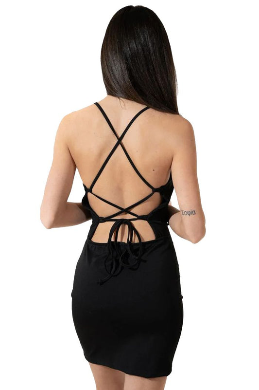Comme Des Fuckdown Chic Weave Back Strap Dress in Black