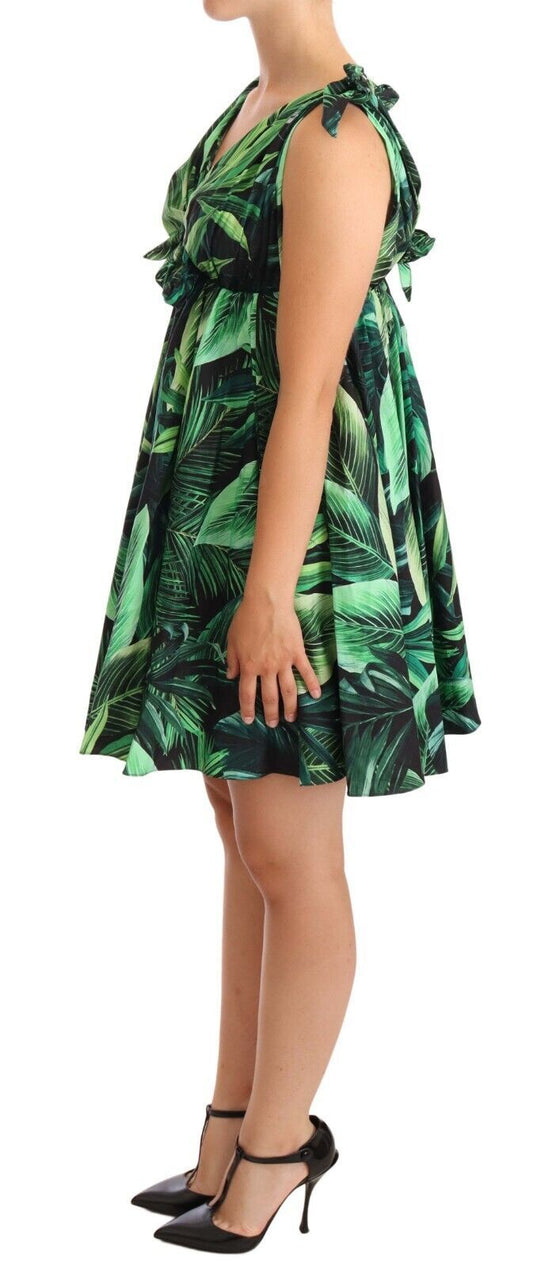Dolce & Gabbana Elegant Flared Mini A-Line Dress in Green Leaf Print