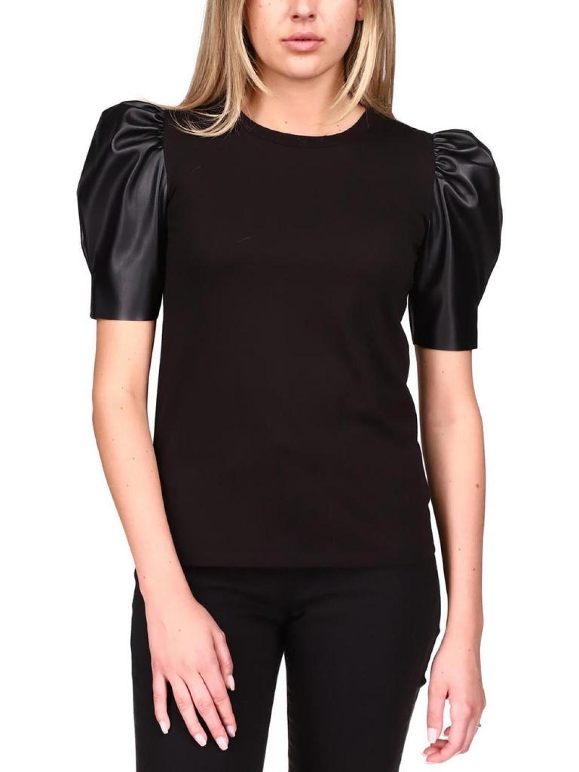 Petites Womens Faux Leather Puff Sleeves T-Shirt