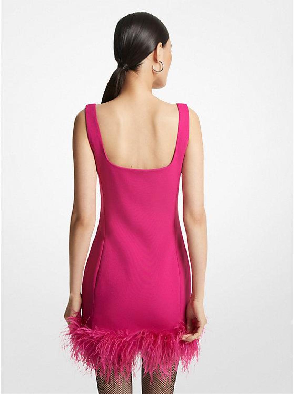 Feather Trim Stretch Crepe Shift Dress